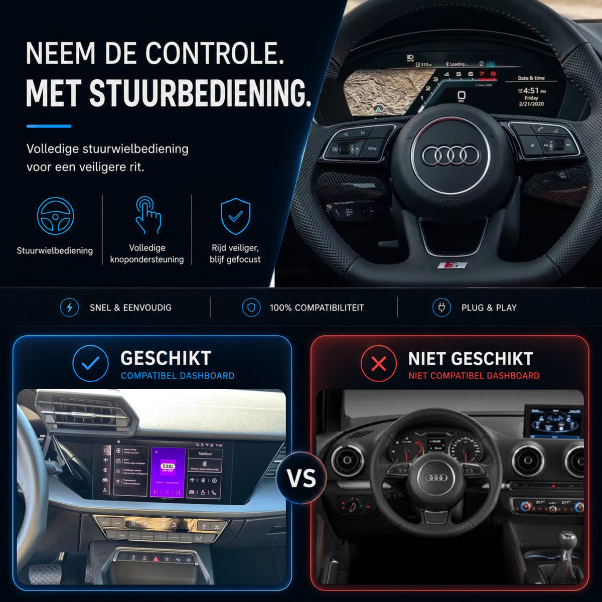 Audi A3, Audi S3 en Audi RS3 | 2020 t/m 2026 | CarPlay & Android Auto Box | MIB3-6