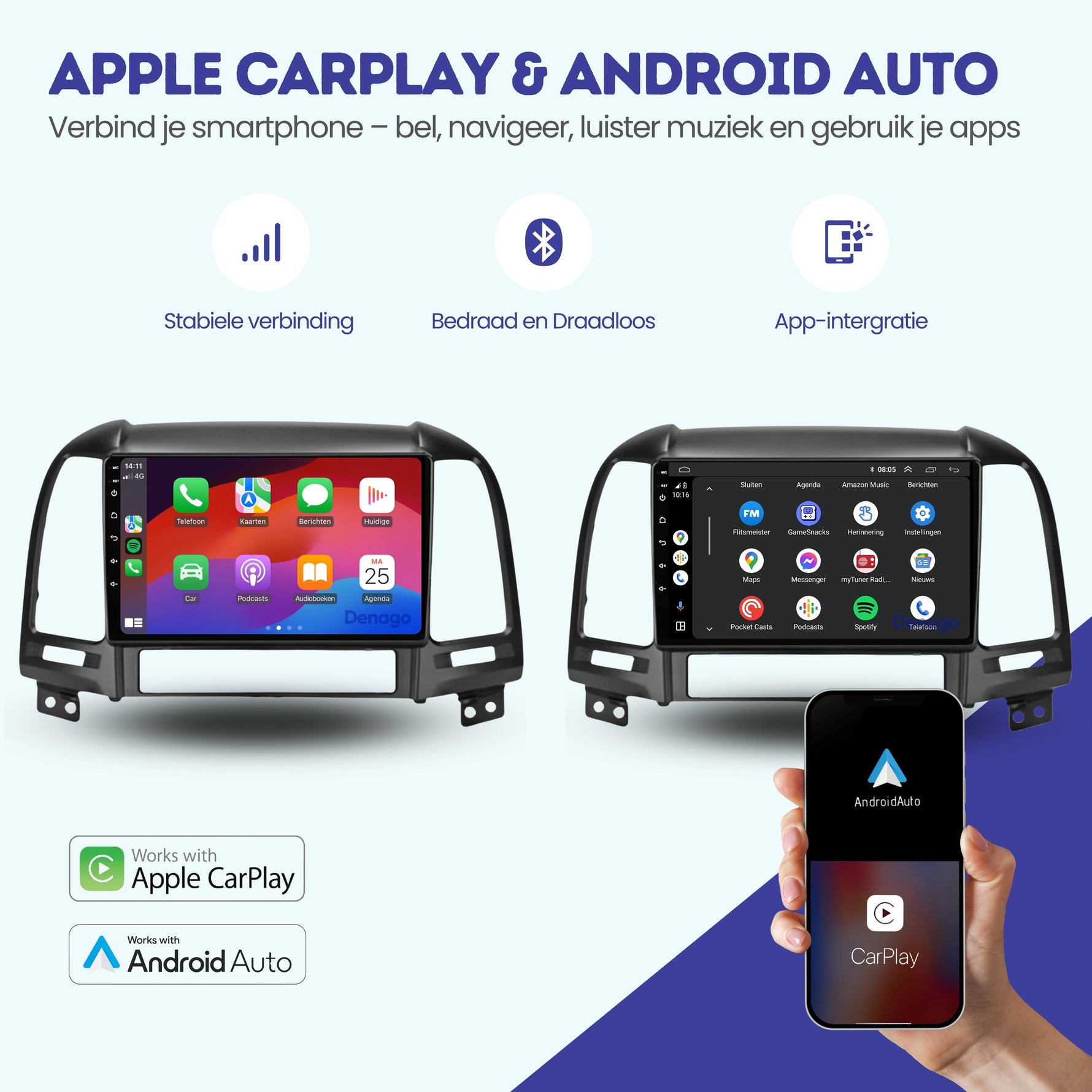 Hyundai Santa Fe CarPlay autoradio | 2006 t/m 2011 | Denago DNG-A152 | 9 inch | Android 13 | Draadloos CarPlay & Android Auto