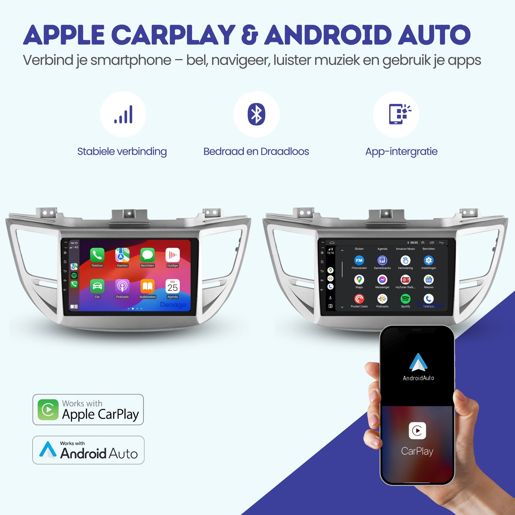 Hyundai Tucson CarPlay autoradio | 2009 t/m 2017 | Denago DNG-A115 | 9 inch | Android 13 | Draadloos CarPlay & Android Auto | Zilver frame