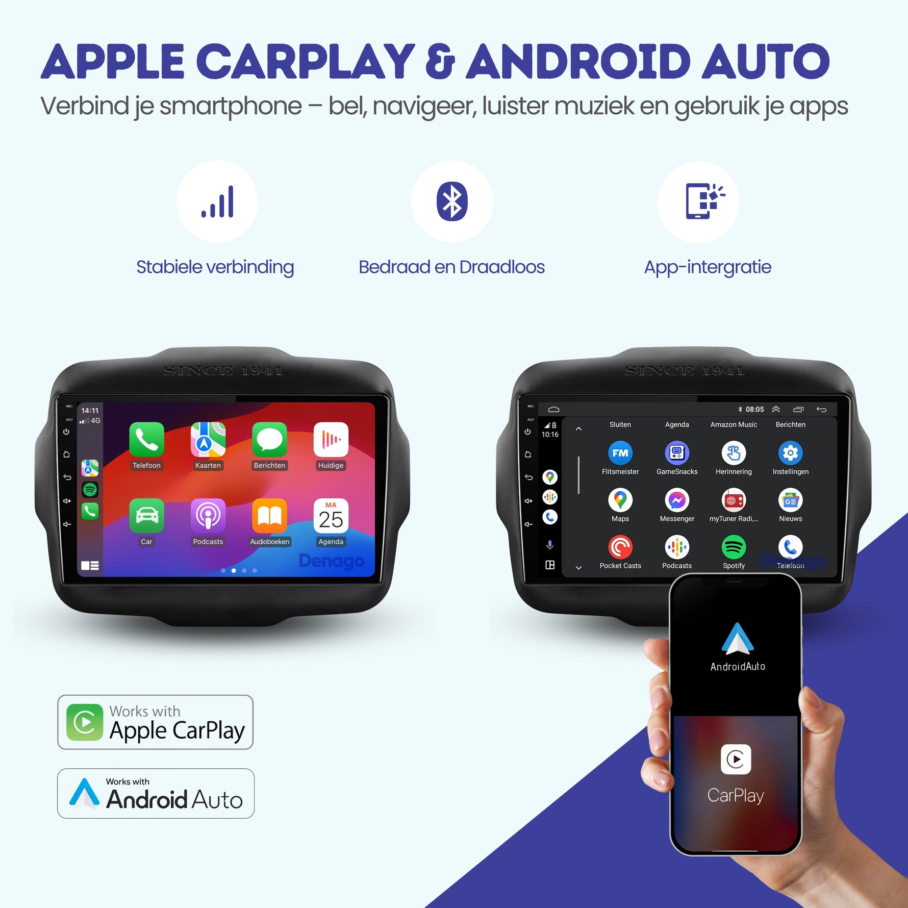 Jeep Renegade CarPlay autoradio | 2014 t/m 2023 | Denago DNG-A123 | 9 inch | Android 13 | Draadloos CarPlay & Android Auto