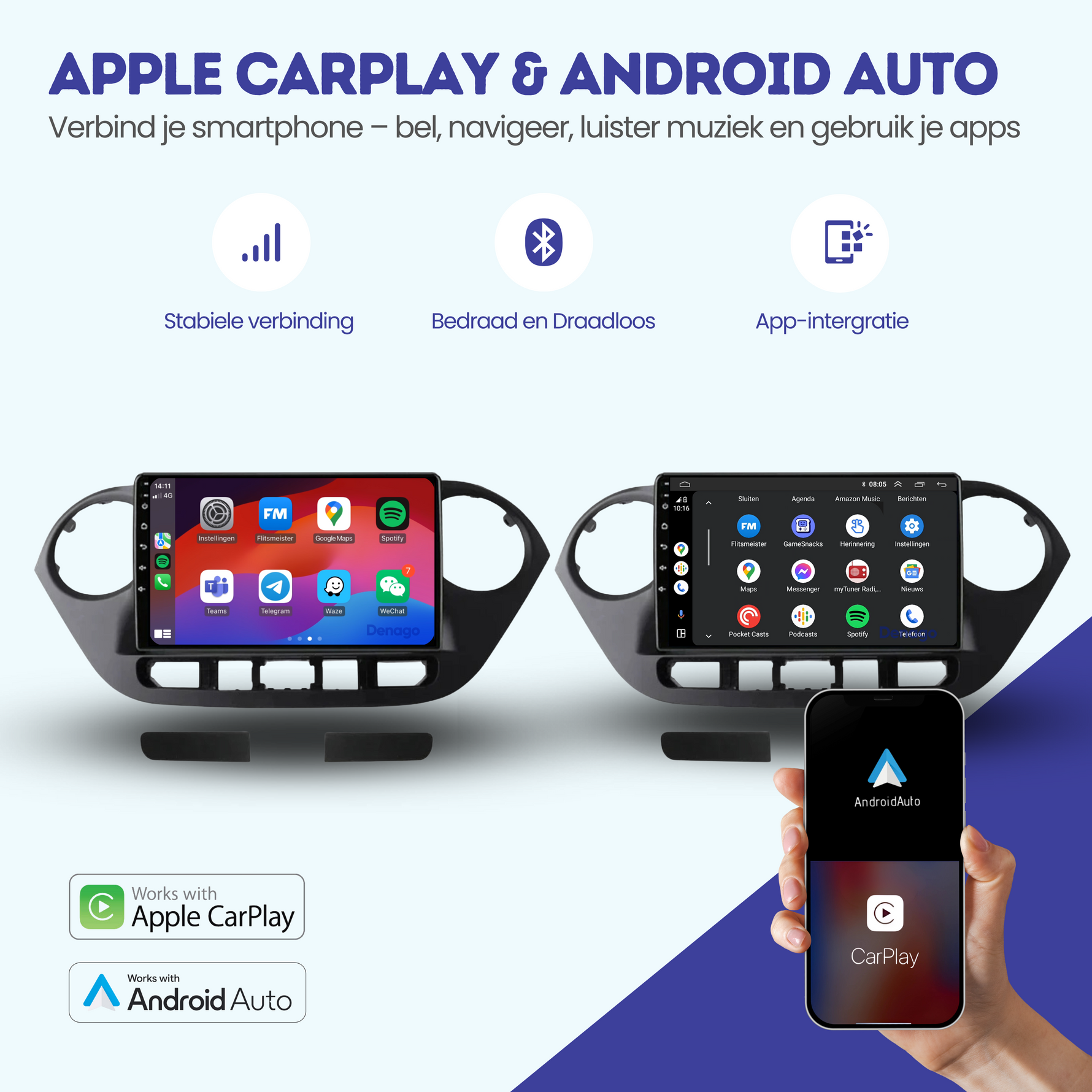 Hyundai i10 CarPlay autoradio | 2014 t/m 2017 | Denago DNG-A16 | 9 inch | Android 13 | Draadloos CarPlay & Android Auto