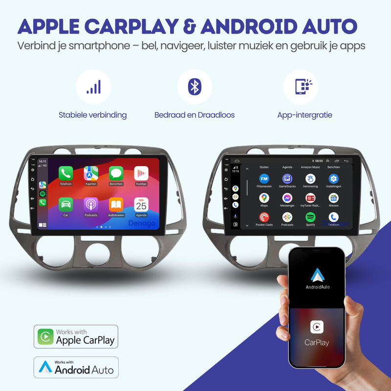 Hyundai i20 CarPlay autoradio | 2008 t/m 2014 | Denago DNG-A83 | 9 inch | Android 13 | Draadloos CarPlay & Android Auto-2