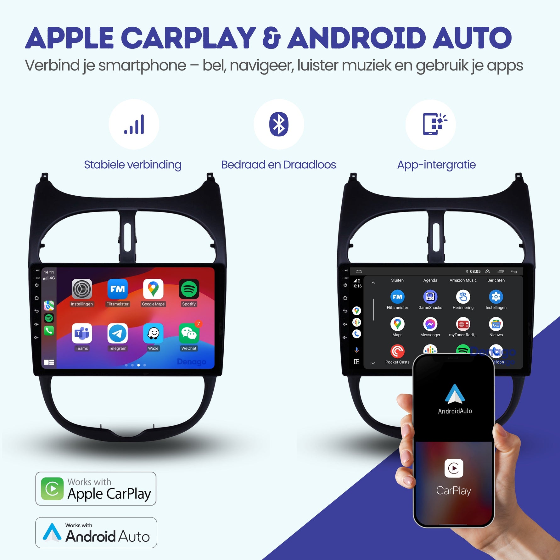 Peugeot 206 CarPlay autoradio | 1998 t/m 2009 | Denago DNG-A07 | 9 inch | Android 13 | Draadloos CarPlay & Android Auto