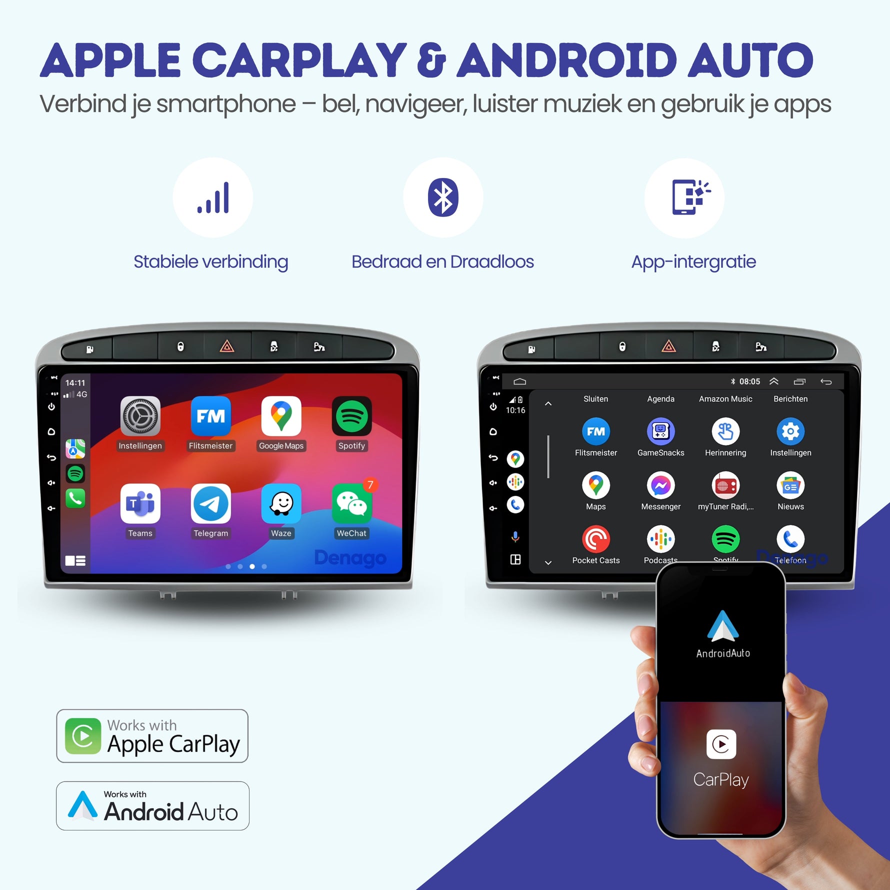 Peugeot 308 & 408 CarPlay autoradio | 2007 t/m 2020 | Denago DNG-A48 | 9 inch | Android 13 | Draadloos CarPlay & Android Auto