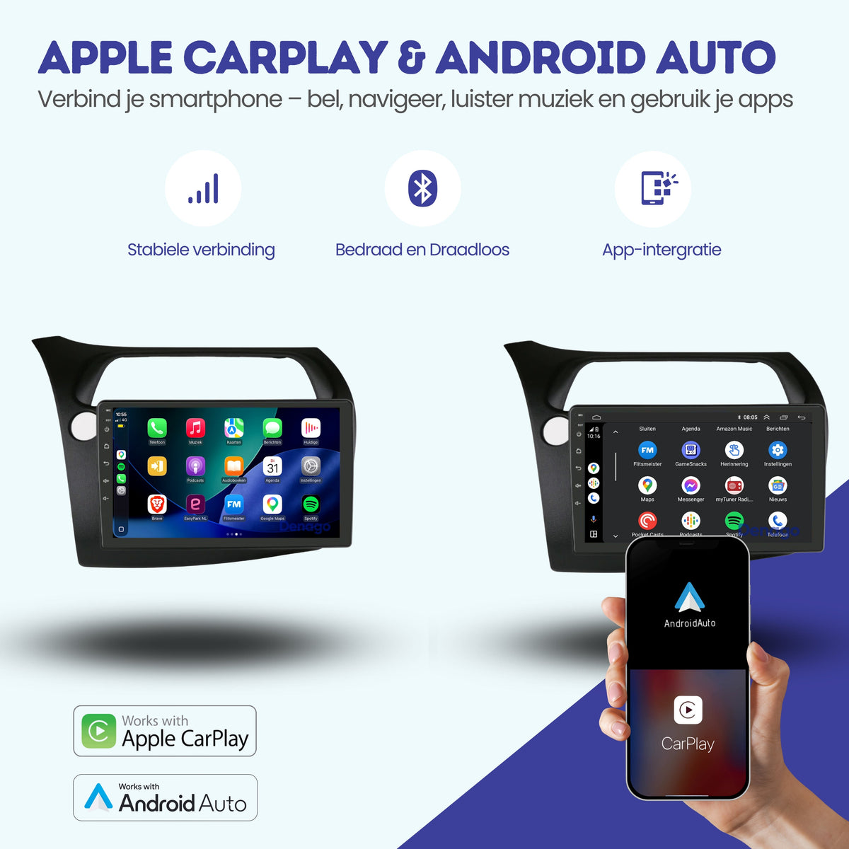 Honda Civic CarPlay autoradio | 2005 t/m 2011 | Denago DNG-A448 | 9 inch | Android 13 | Draadloos CarPlay & Android Auto