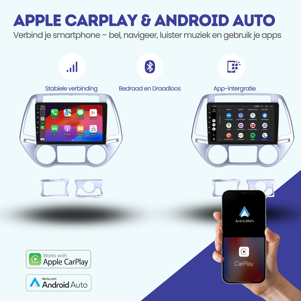 Hyundai i20 CarPlay autoradio | 2008 t/m 2014 | Denago DNG-A154 | 9 inch | Android 13 | Draadloos CarPlay & Android Auto-2